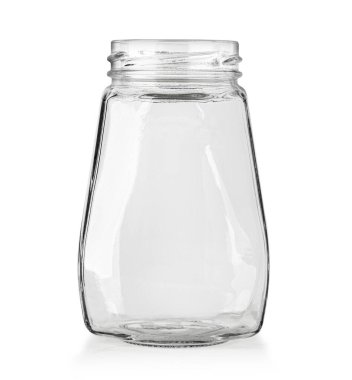 Beyaz arkaplanda izole edilmiş şeffaf cam kavanoz ambalajını boşalt