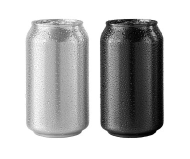  Beyaz arka planda izole edilmiş, yoğunlaşmayla kaplı gümüş ve siyah soda kutuları.