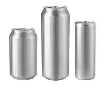 Beyaz arkaplanda izole edilmiş alüminyum ince teneke kutular.  