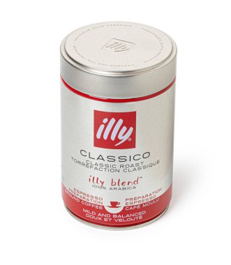 Anapa, Rusya, 30 Aralık 2024: Illy Classico kahvesi, arabika karışımı ile öğütülmüş alüminyum kutu