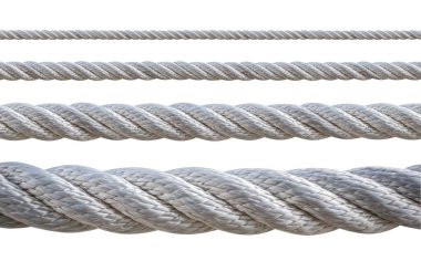 Farklı kalınlıkta dört gri ip, beyaz bir arka planda yatay olarak yatar. Basit ama görsel olarak çekici bir kompozisyon oluşturur.