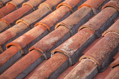 Terracotta çatı kiremitleri sıcak güneş ışığıyla yıkanmış, eskimiş dokularını sergiliyor ve görsel olarak çekici bir desen yaratıyor.