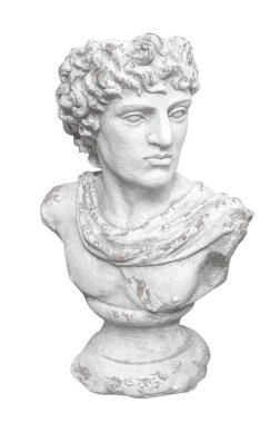 Beyaz alçı büstü şeffaf arka planda izole edilmiş, karmaşık detaylar ve yıpranmış doku içeriyor