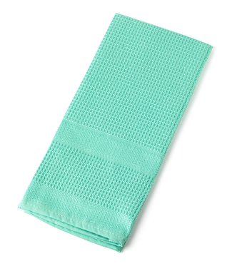 Beyaz arka planda izole edilmiş bal peteği desenli katlanmış temiz yeşil havlu