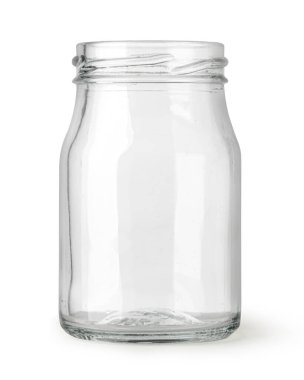 Beyaz arka planda izole edilmiş konserve ve yiyecekleri muhafaza etmek için boş cam kavanozu temizle