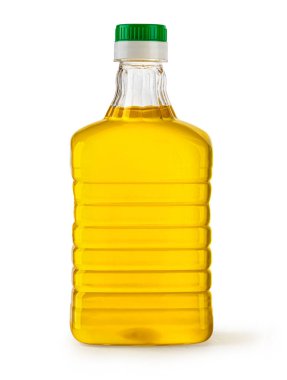Plastik şişede sebze yağı ve beyaz arka planda yeşil başlık.