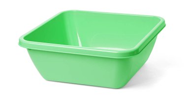 Açık yeşil, beyaz arka planda izole plastik leğen, çeşitli ev işleri için mükemmel.