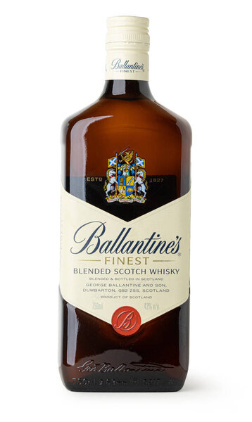 Anapa, Russia, May 08 2025: Studio shot of a ballantine's finest blended scotch whisky bottle, isolated on a white background