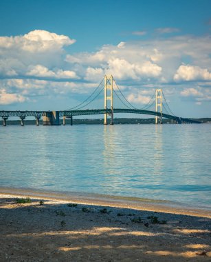 Mackinac Bridge from Mackinac City park beach Lake Huron