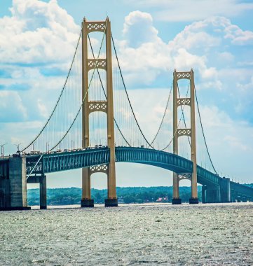Close view of Mackinac Bridge westside Lake Michigan