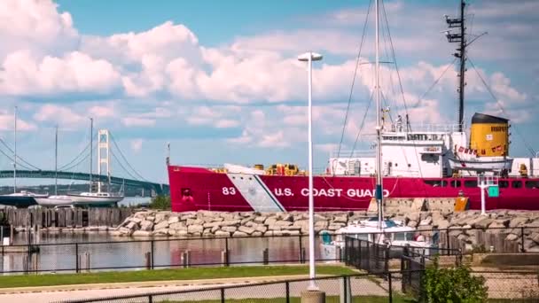 Great Lakes Coastguard Ship Docked Mackinac Bridge — Video
