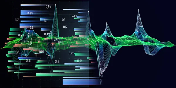 摘要背景中含有彩色网格和暗色模糊线数据 大数据三维波状多边形概念在虚拟空间中的应用 科学和技术数据分析代表横幅 — 图库照片