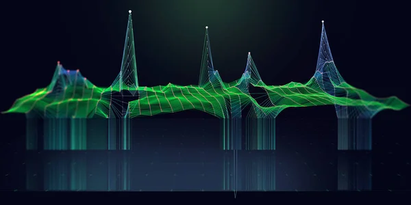 摘要背景背景为彩色网格 暗色模糊 三维波状多边形概念在虚拟空间中的应用 科学和技术数据分析代表旗 大数据 — 图库照片