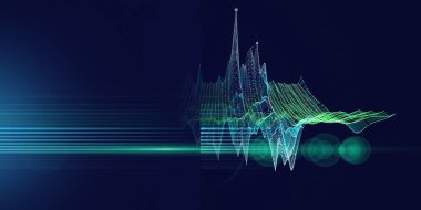 Soyut arkaplan mavi üzerinde renk teli ve bulanık çizgiler içerir. Büyük Data. Sanal uzayda üç boyutlu teknoloji çokgonaly konsepti. İş, bilim ve teknoloji veri analizi için pankart.   