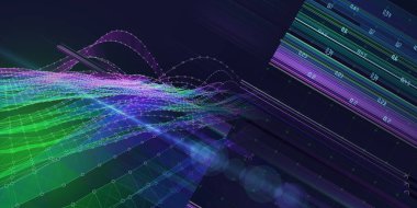 Abstract  background color wavy graph from dotted guides with blurred lines and data on dark. Technology  wireframe  concept data in virtual space. Banner for business, science and technology data analytics. Big Data. 