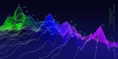 Soyut arkaplan koyu mavi üzerine kablosuz ve gürültülü grafik verileri içerir. Büyük Data. Sanal ortamda teknoloji çokgeni kavramı. İş, bilim ve teknoloji veri analizleri için pankart.  