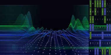 Soyut arkaplan rengi dalgalı teller ve siyah üzerinde bulanık çizgiler olan beyaz noktalar. Sanal uzayda teknoloji konsept verileri. İş, bilim ve teknoloji veri analizleri için afiş. Büyük Veri. 