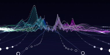 Soyut arkaplan gürültülü grafiği sinüzoit verilerinde bükülmüş ve çizgilerin odağını bozmuş. Büyük Data. Sanal uzayda teknoloji grafik konsepti. İş, bilim ve teknoloji afişi.  