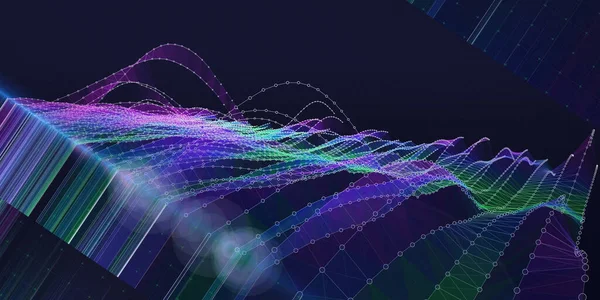 摘要背景色彩波浪形图 来自于暗线模糊的虚线指南 大数据 虚拟空间中的技术线框概念数据 科学和技术数据分析横幅 — 图库照片