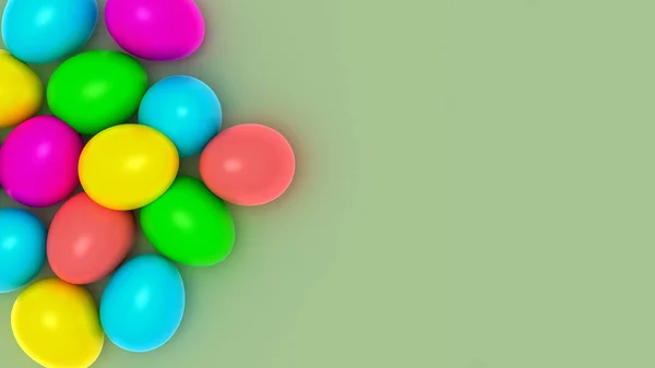 3D Illustration colorful easter eggs on uniform color with copyspace. 3d render color background mockup.