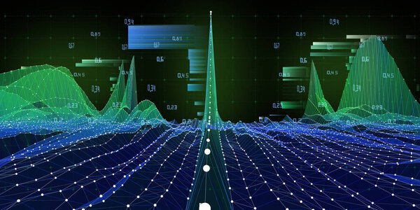 Абстрактный цвет фона волнистая проволока и точки с данными размытые линии на черном. Технология wireframe концептуальные данные в виртуальном пространстве. Баннер для анализа данных бизнеса, науки и техники. Большие данные. 