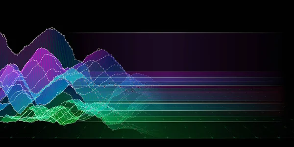 要旨背景雑音の多いグラフは暗めの線で曲線を描いている 仮想空間内のデータを持つ技術グラフ ビッグデータ ビジネス 科学技術のバナー — ストック写真