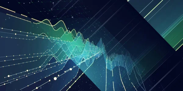 Abstraktes Hintergrunddiagramm Wellenförmige Farblinien Mit Punkten Auf Dunklem Hintergrund Technologie — Stockfoto