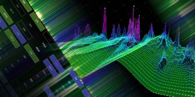 Soyut arkaplan gürültülü grafiği, karanlıkta sinüzit şeklinde kıvrılmış. Sanal veri kutularının olduğu teknoloji grafiği. Büyük Data. İş, bilim ve teknoloji afişi.  