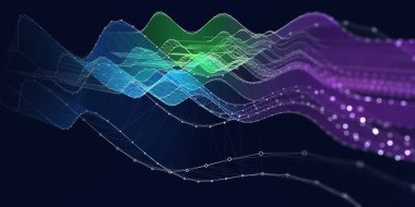 Noktalı ve siyah noktalı soyut arkaplan grafik dalgalı renk çizgileri. Büyük Data. Sanal uzayda teknolojik kablo birleştirme kavramı. İş, bilim ve teknoloji veri analizleri için pankart.