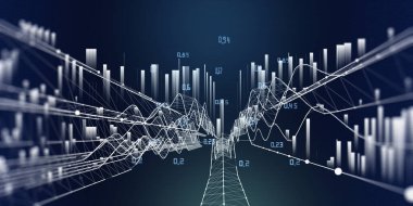 Noktalı ve karanlıkta bulanık çizgilerle renk grafiğinde soyut arkaplan beyaz ızgarası. Sanal uzayda teknolojik kablo birleştirme kavramı. Büyük Data. İş, bilim ve teknoloji afişi.