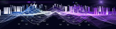 Karanlıkta bulanık çizgi verisi olan soyut arkaplan dalgalı ızgarası. Sanal uzayda pleksus kablo konsepti. İş, bilim ve teknoloji veri analizleri için yatay pankart. Büyük Veri.