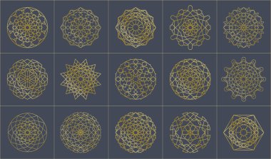 İslami süsleme kalıpları ayarlandı. Vektör oryantal geometrik altın semboller 3B biçiminde.