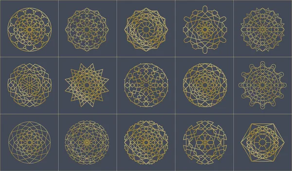 Stock vector Islamic ornamental patterns templates set. Vector oriental geometric golden symbols in 3D style.