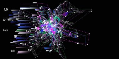 Soyut arkaplan küreler ve verilerle renk kaotik ağ ızgarası içerir. Büyük Data. Sanal uzayda teknolojik kablo birleştirme kavramı. İş, bilim ve teknoloji veri analizleri için pankart. 