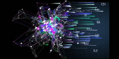 Soyut arkaplan küreler ve verilerle renk kaotik ağ ızgarası içerir. Sanal uzayda teknolojik kablo birleştirme kavramı. İş, bilim ve teknoloji veri analizleri için afiş. Büyük Veri.