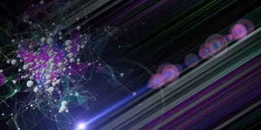 Soyut arkaplan renk kaotik ağ ızgarası, küreler ve siyah üzerine ışık içerir. Büyük Data. Sanal uzayda teknolojik kablo birleştirme kavramı. İş, bilim ve teknoloji veri analizleri için pankart. 