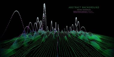 Küreleri ve yeşil çizgileri olan soyut arkaplan grafik dalgalı ızgarası. Sanal uzayda teknolojik kablo birleştirme kavramı. İş, bilim ve teknoloji veri analizleri için afiş. Büyük Veri.