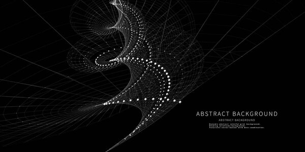 Абстрактный фон скручивает белую сетку из точек на черном. Технологическая концепция сетки данных. Большие данные. Баннер для анализа данных бизнеса, науки и техники. 