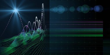 Siyah üzerine ışık ve küreler ile soyut arkaplan grafik dalgalı ızgara. Sanal uzayda teknolojik kablo birleştirme kavramı. İş, bilim ve teknoloji veri analizleri için afiş. Büyük Veri.