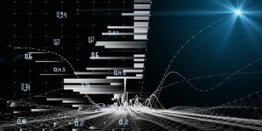 Çizgileri ve bulanık çizgileri olan soyut arkaplan grafik dalgalı ızgarası. Sanal uzayda teknolojik kablo birleştirme kavramı. İş, bilim ve teknoloji veri analizleri için afiş. Büyük Veri.