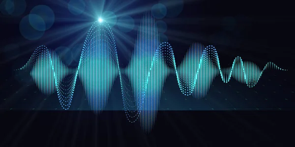 バーチャルスペースの線と光からの青いサウンド波を持つ抽象的な背景 テクノロジー波オーディオコンセプト 音楽波ポスターデザインのため — ストック写真