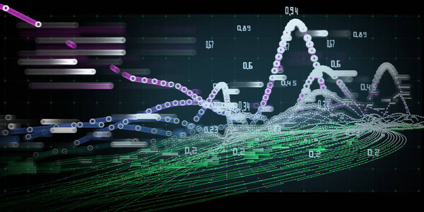 Abstract background graph spheres and color lines data defocus. Interlacement  technology data concept in virtual space. Big Data. Banner for business, science and technology data analytics.