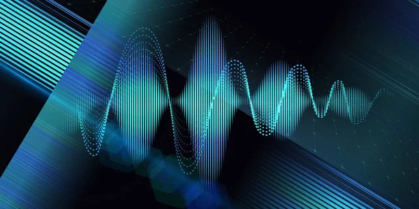 暗闇に青いサウンドウェーブラインを持つ抽象的な背景 テクノロジーオーディオコンセプト 音楽波ポスターデザインのため — ストック写真