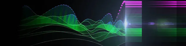 从彩色球体和有光泽的模糊线条中提取背景波线框网格 技术概念数据网格 科学和技术数据分析横幅 大数据 — 图库照片