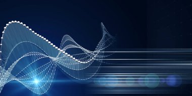 Soyut arkaplan kablo şebekesini büküyor ve küreler karanlıkta bulanık çizgiler oluşturuyor. Teknoloji konsept veri şebekesi. İş, bilim ve teknoloji veri analizleri için afiş. Büyük Veri.