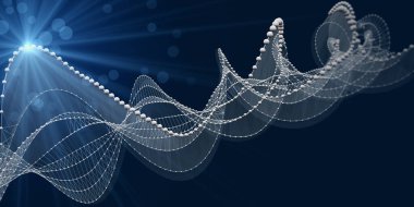 Soyut arkaplan, kablo şebekesini kürelerle büküyor ve maviye ışık tutuyor. Teknoloji konsept veri şebekesi. İş, bilim ve teknoloji veri analizleri için afiş. Büyük Veri.