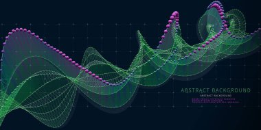 Renk kürelerinden ve ızgaradaki çizgilerden grafikleri büken soyut arkaplan. Sanal uzayda teknoloji teli sarmal konsepti. Büyük Data. İş, bilim ve teknoloji veri analizleri için pankart.  