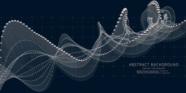Beyaz kürelerden ve ızgaradaki çizgilerden grafikleri büken soyut bir arkaplan. Sanal alanda teknolojinin sarmal konsepti. İş, bilim ve teknoloji veri analizleri için bayrak. Büyük Veri. 