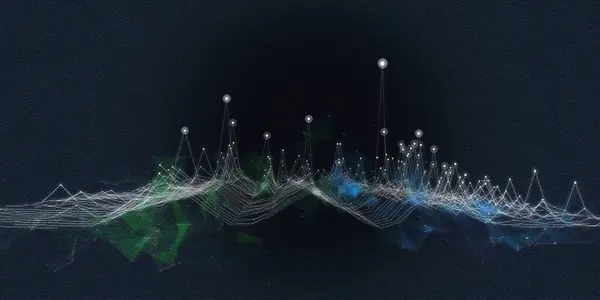 Abstract background noisy graph in chaotic  lines from dots on dark. Interlacement  technology concept in virtual space. Big Data. Banner for business, science and technology data analytics.