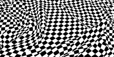 Eğri şekilli siyah kuarklı soyut vektör dalgalı yüzey. Siyah dama beyaz üzerine izole.